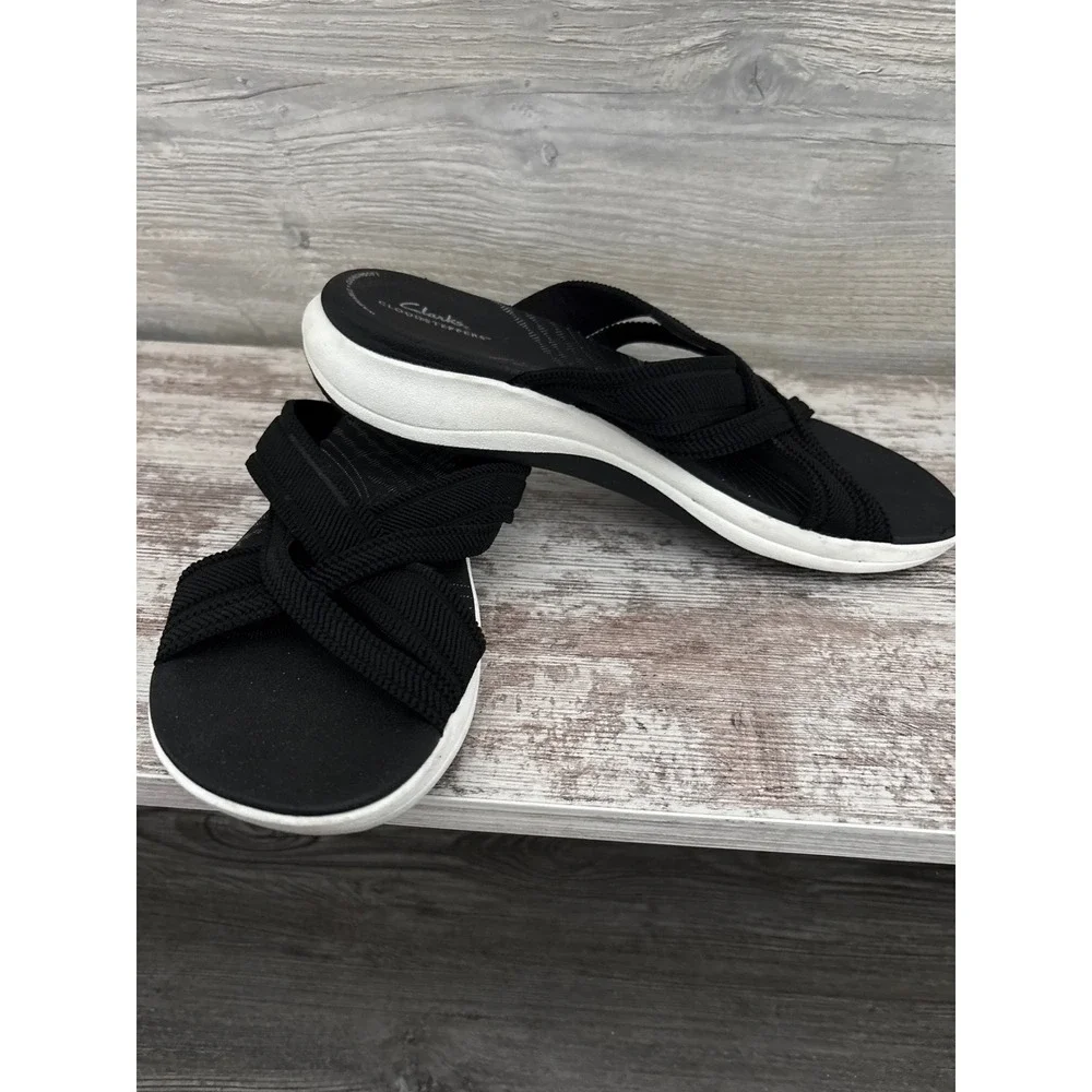 Clarks Cloudsteppers Arla Glison Black Fabric Crisscross Slide Sandals Womens